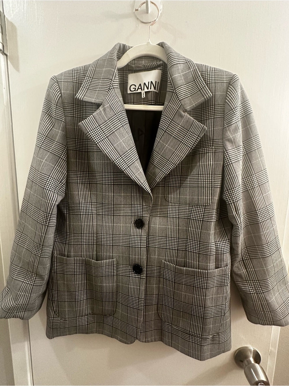 Ganni Black and Gray Glen Plaid Blazer